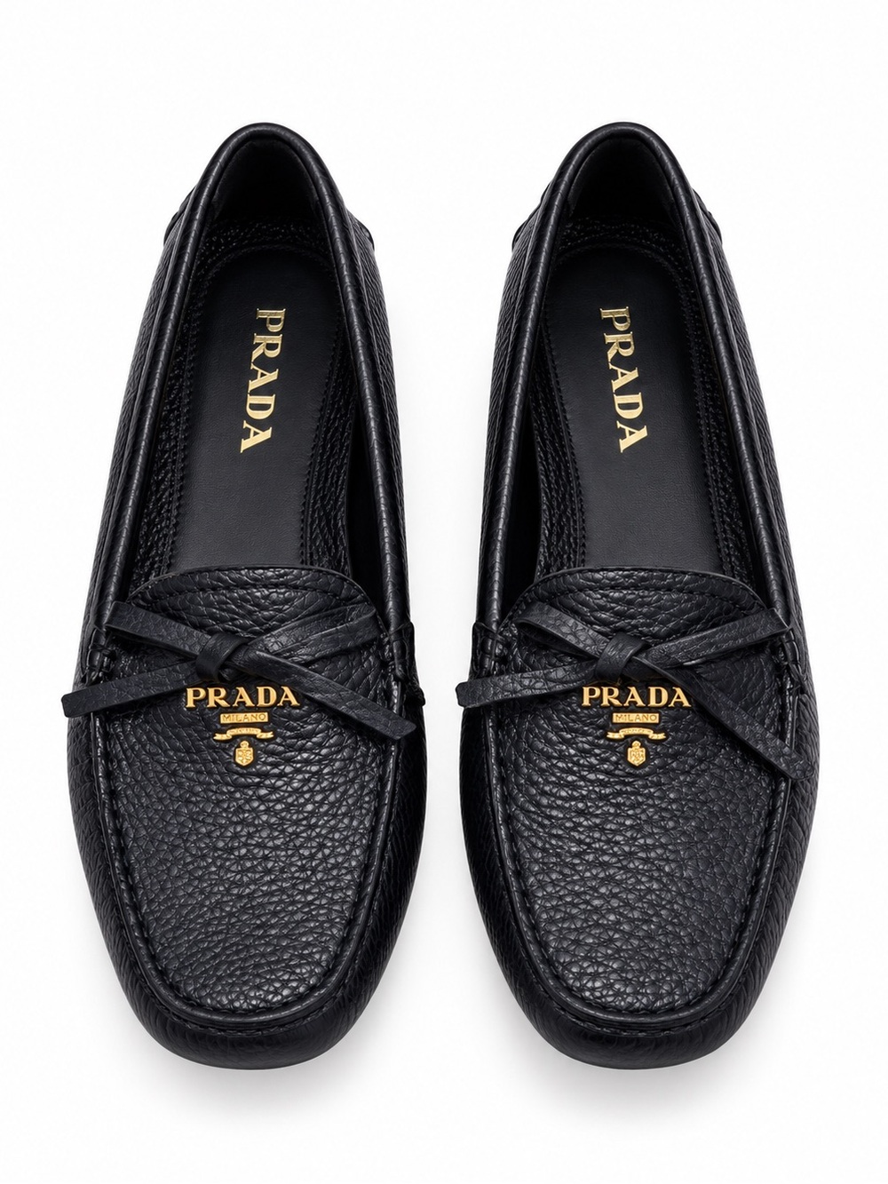 🚩steal Prada Black Pebbled Leather Bow Loafers with Gold Logo